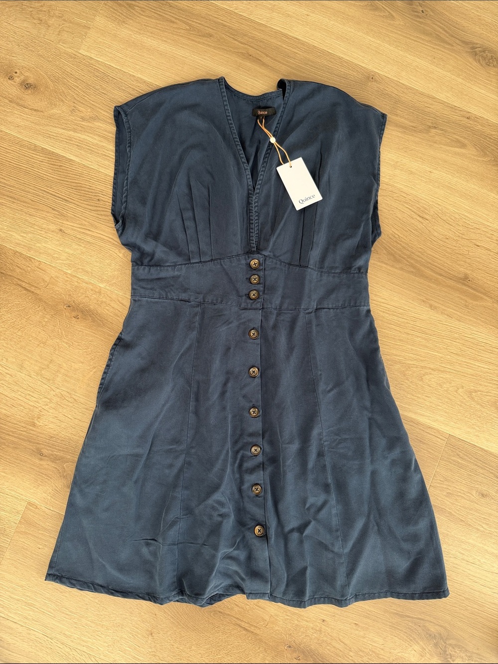 Quince Navy Button-Front V-Neck Mini Dress